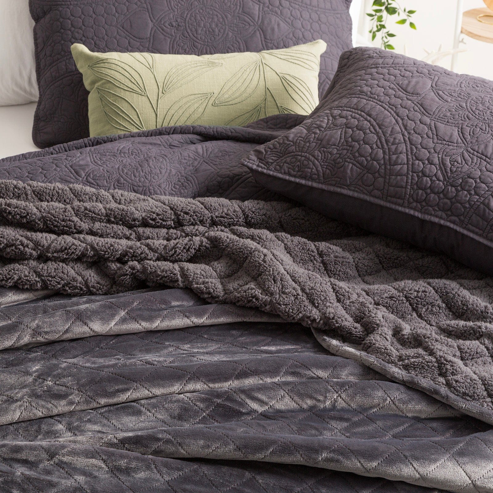 Renee Taylor Blanket Heston 480 GSM Ultra Soft Velvet Sherpa Blanket - GRAPHITE