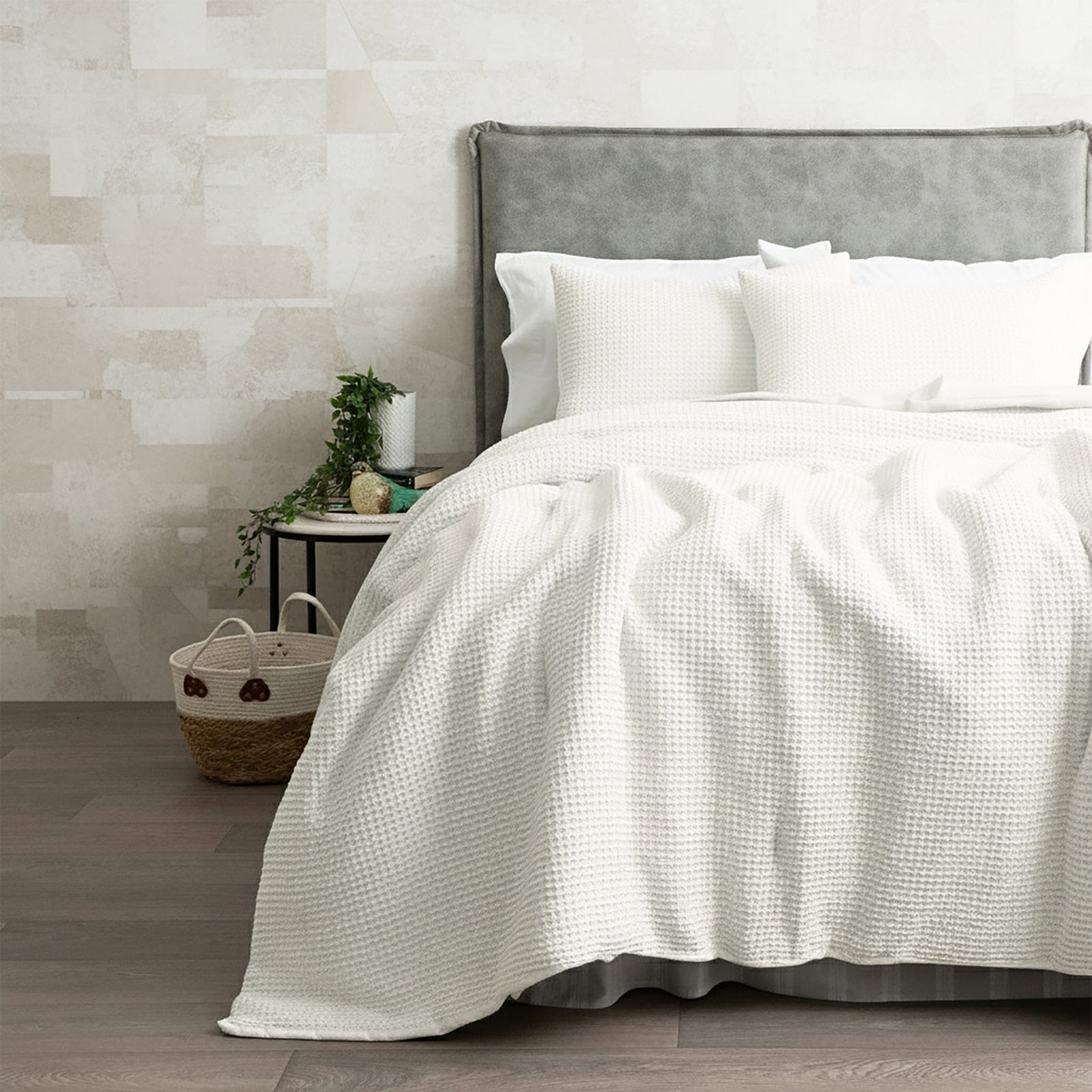 Renee Taylor Bed Sheets Ivory / Double/Queen Cloud Linen Boronia Stone Washed Cotton Waffle Comforter Set