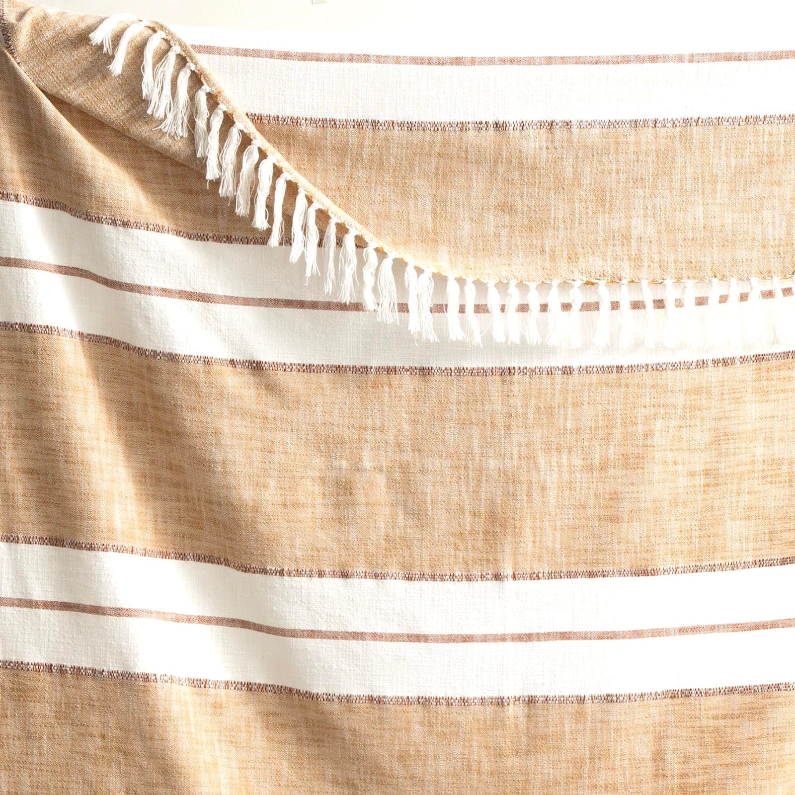 Renee Taylor Blanket Modena Stripe Stone Washed Yarn-Dyed Throw 130 x 170 cms Tan