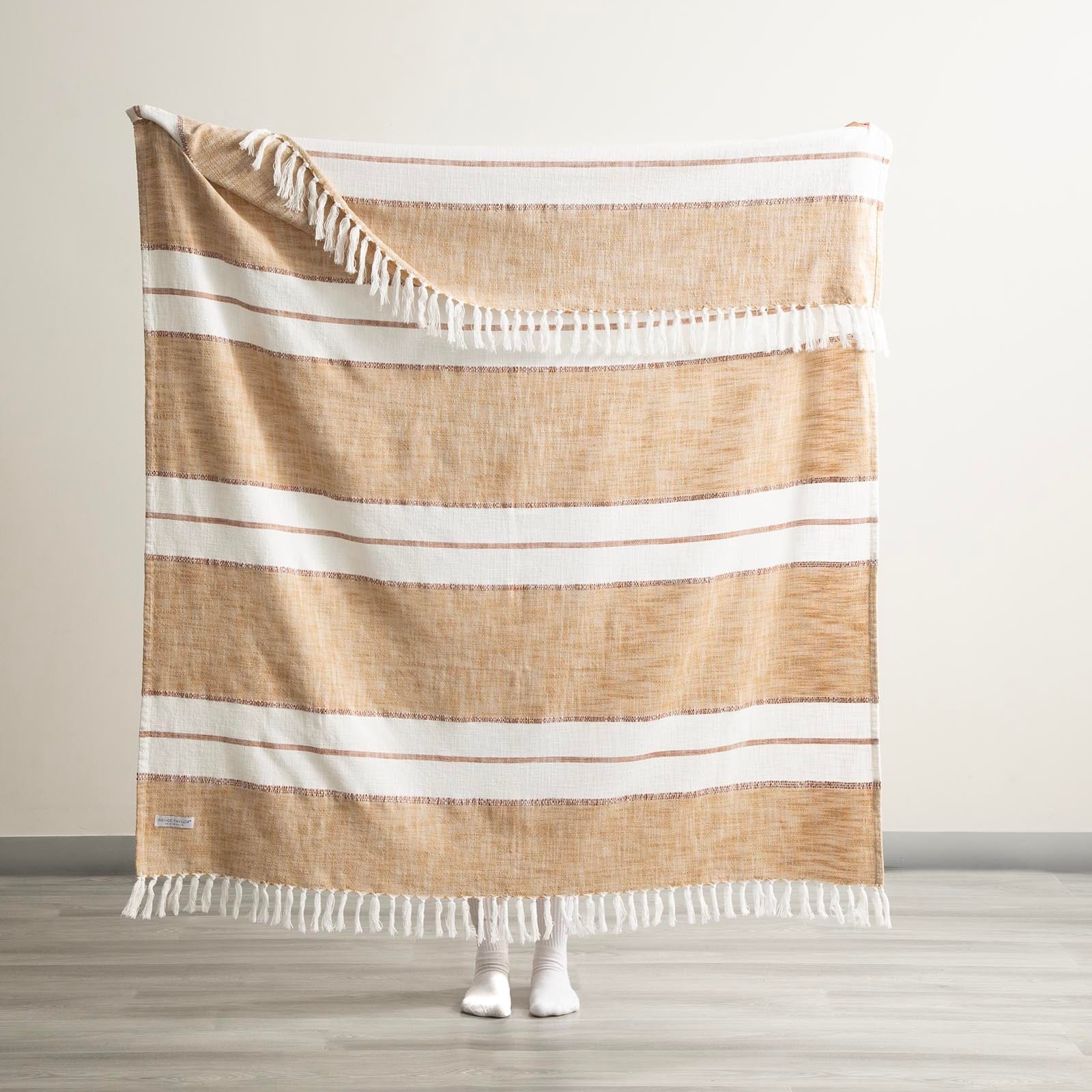 Renee Taylor Blanket Modena Stripe Stone Washed Yarn-Dyed Throw 130 x 170 cms Tan