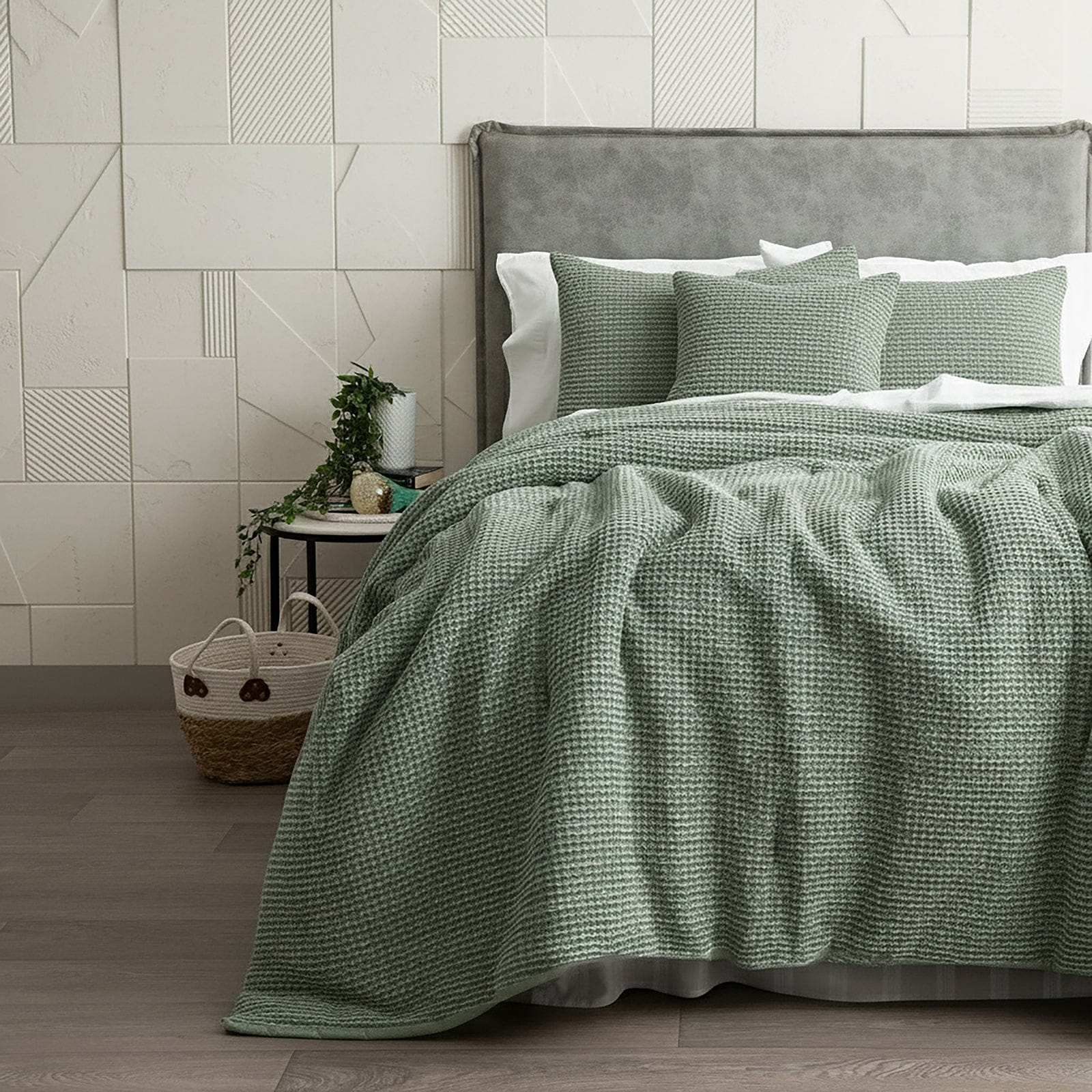 Renee Taylor Bed Sheets Moss / Double/Queen Cloud Linen Boronia Stone Washed Cotton Waffle Comforter Set