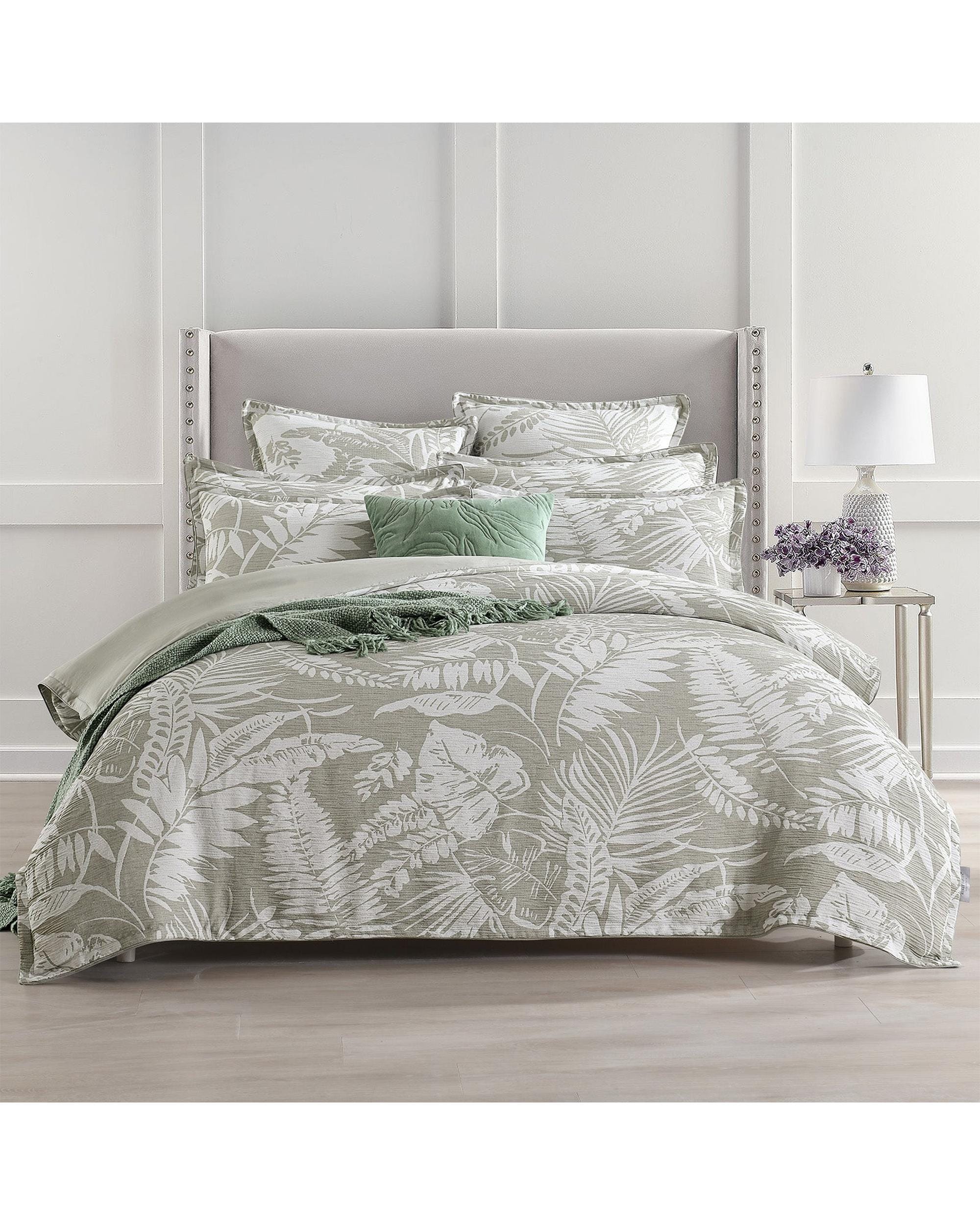 Renee Taylor Quilt Cover Palm Tree Jacquard Quilt Cover Set - Sage Green