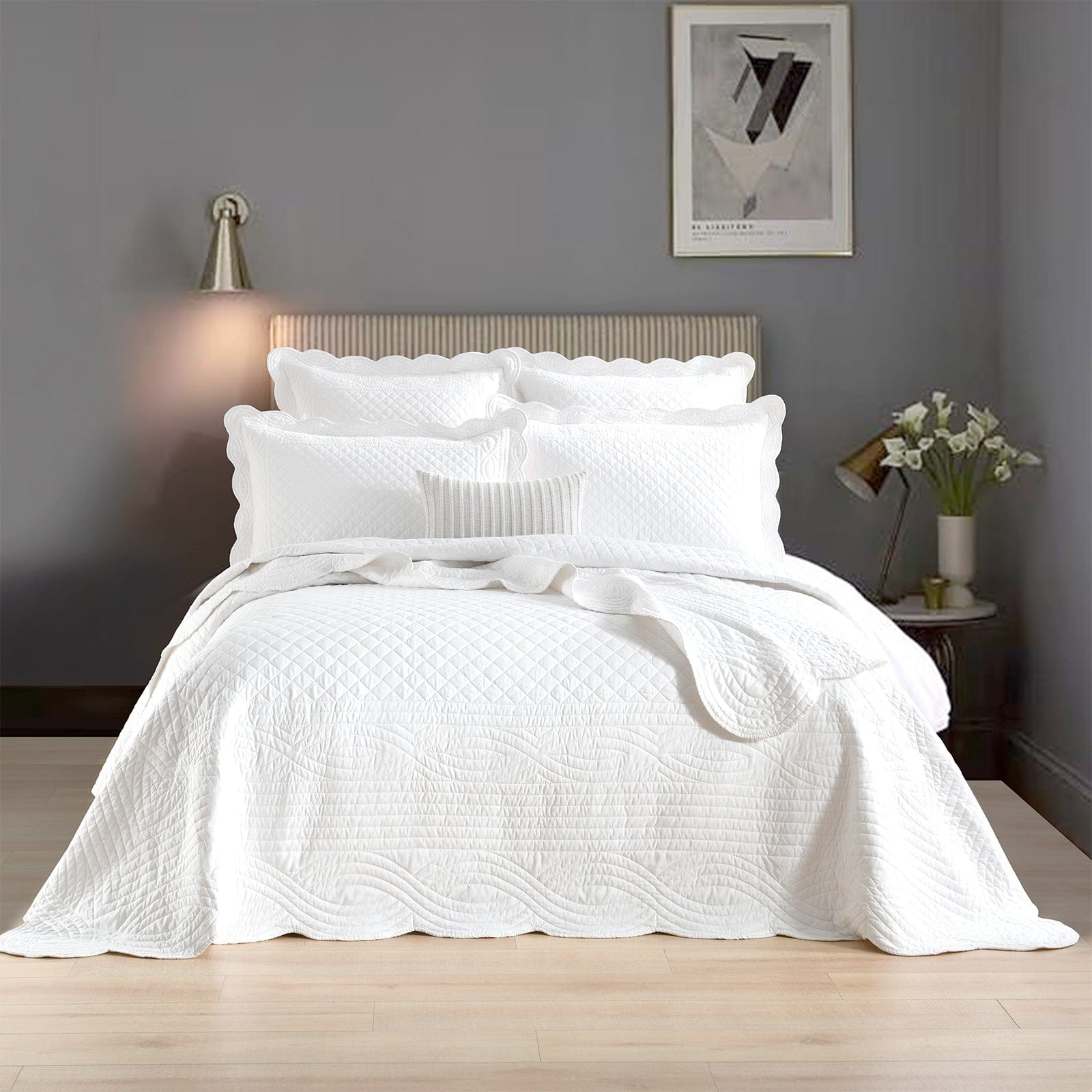 Renee Taylor Coverlet Scallop Jacquard Coverlet Set - PEARL
