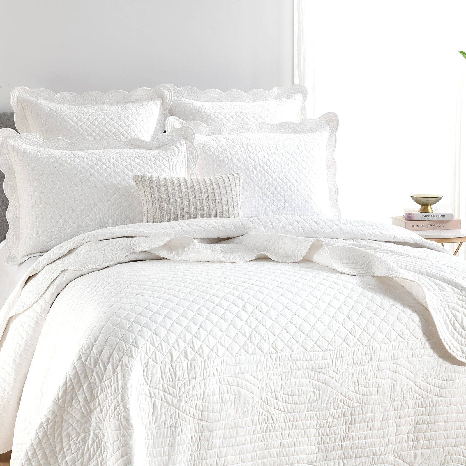Renee Taylor Coverlet Scallop Jacquard Coverlet Set - PEARL