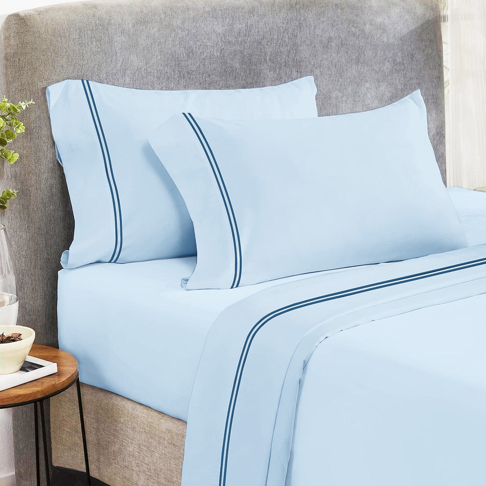 Renee Taylor Quilt Cover Strada Embroidered 1000 TC Egyptian Cotton Sheet Sets - Sky Navy
