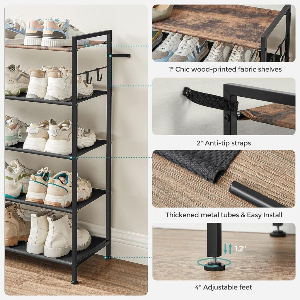 SONGMICS Shoe Rack SONGMICS 5 Tier Shoe Rack Storage Organizer for 20-25 Pairs with 4 Hooks Rustic Brown