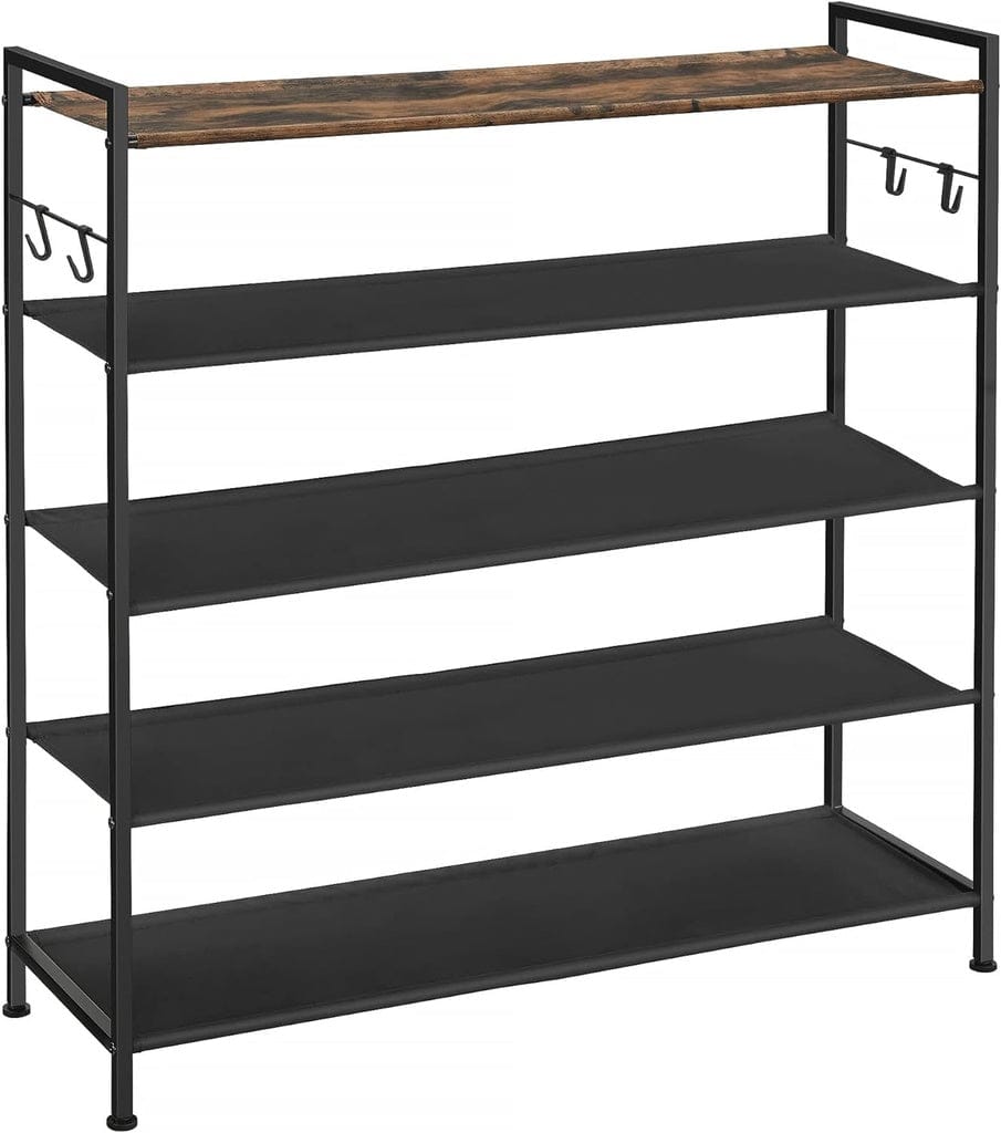 SONGMICS Shoe Rack SONGMICS 5 Tier Shoe Rack Storage Organizer for 20-25 Pairs with 4 Hooks Rustic Brown