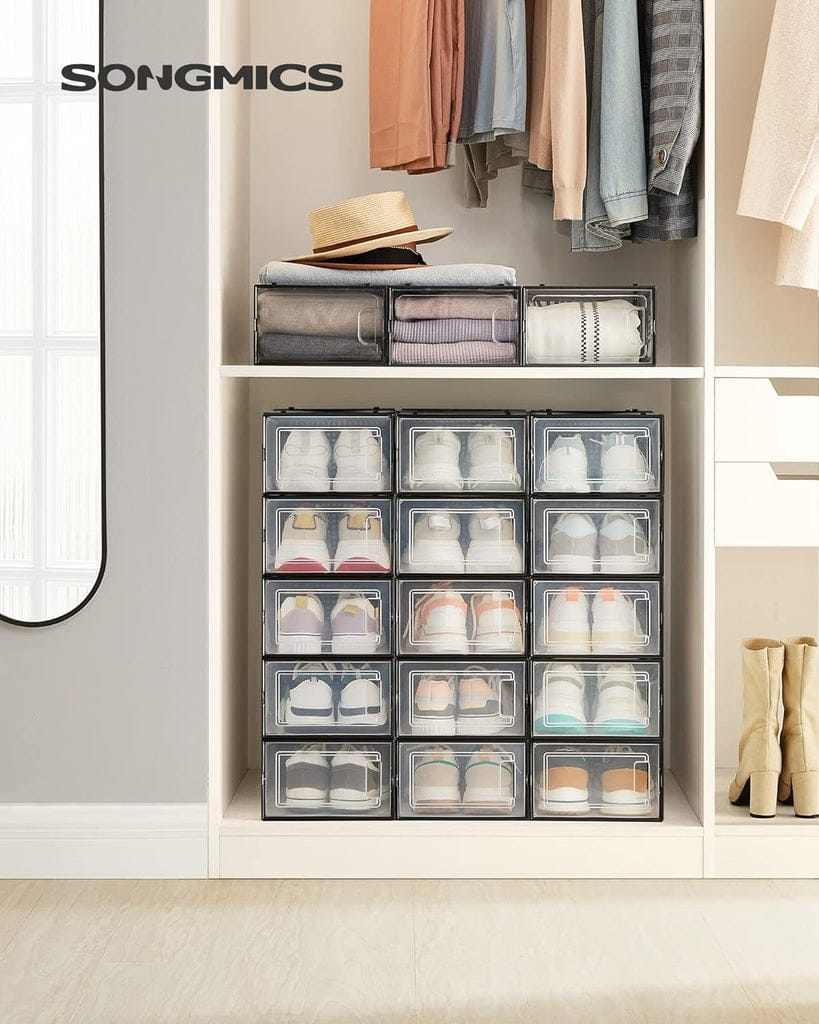 SONGMICS Shoe Rack SONGMICS Pack of 18 Foldable and Stackable Shoe Boxes Fit up to AU Size 11 Transparent and Black