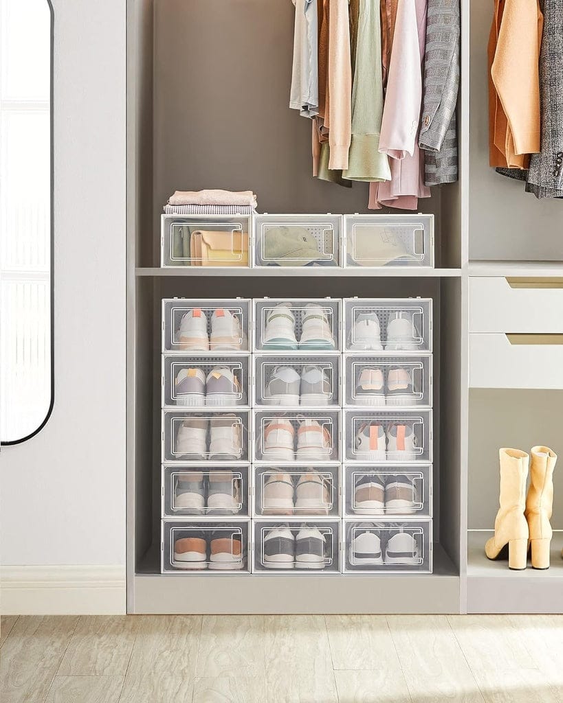SONGMICS Shoe Rack SONGMICS Pack of 18 Foldable and Stackable Shoe Boxes Fit up to AU Size 11 Transparent and White
