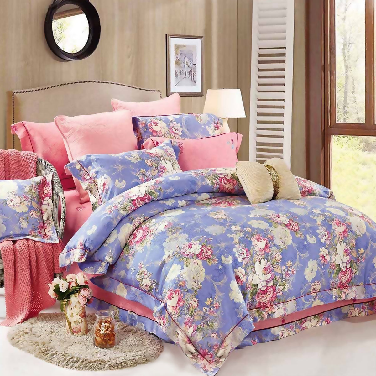 Luxor Cotton Flora Blue Design Quilt Doona Duvet Cover Set