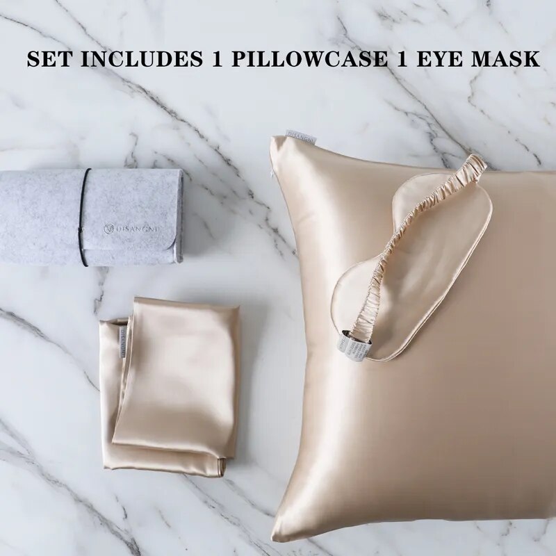 Anyhouz Pillowcase 50x75cm Gold Set with Eye Mask Natural Mulberry Silk for Comfortable and Relaxing Home Bed - Queen Size Pillowcase
