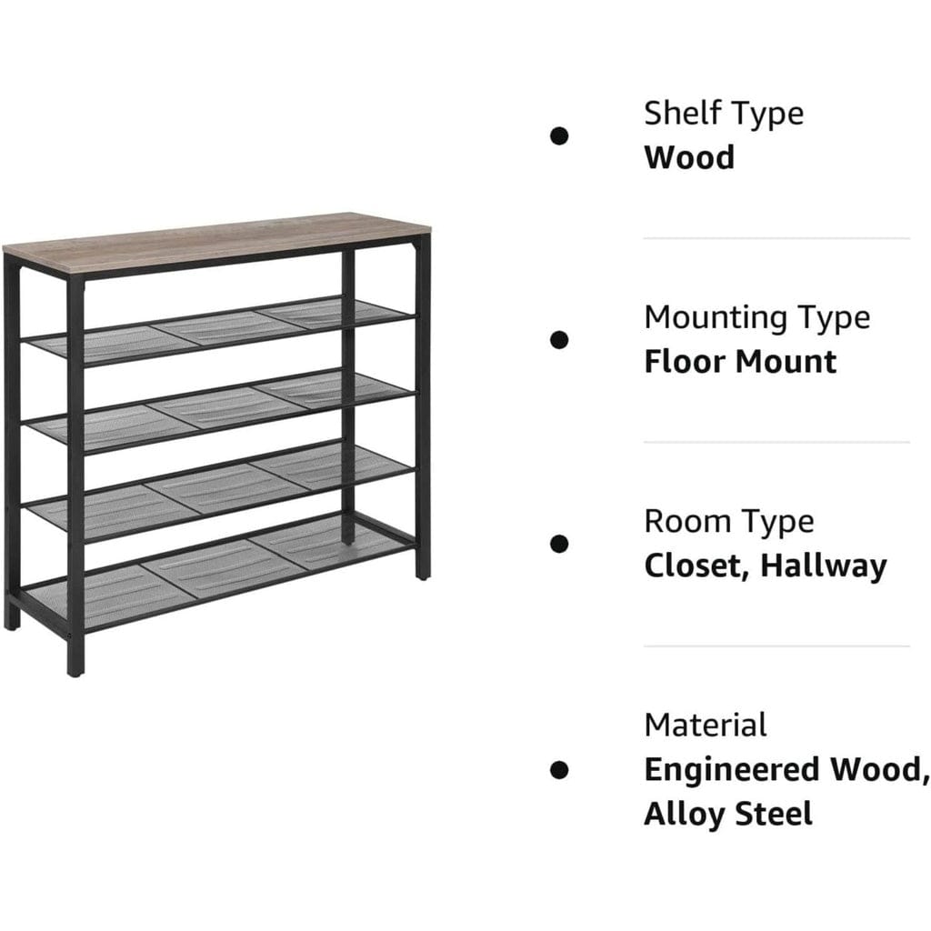 VASAGLE Shoe Rack VASAGLE INDESTIC Shoe Rack Organizer with 4 Mesh Shelves Industrial Greige and Black LBS015B02