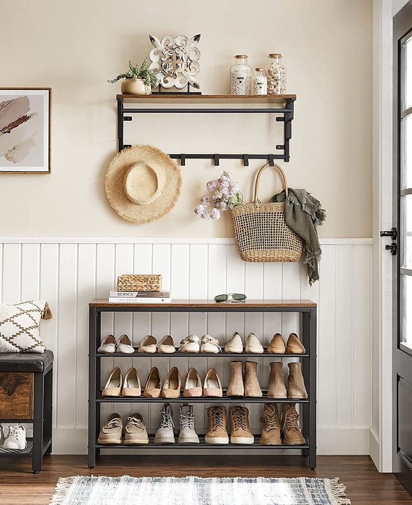 VASAGLE Shoe Rack VASAGLE Shoe Storage Bench with 3 Mesh Shelves Rustic Brown