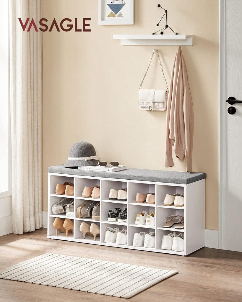 VASAGLE Shoe Rack VASAGLE Storage Shoe Bench 15 Compartments with Cushion White and Grey