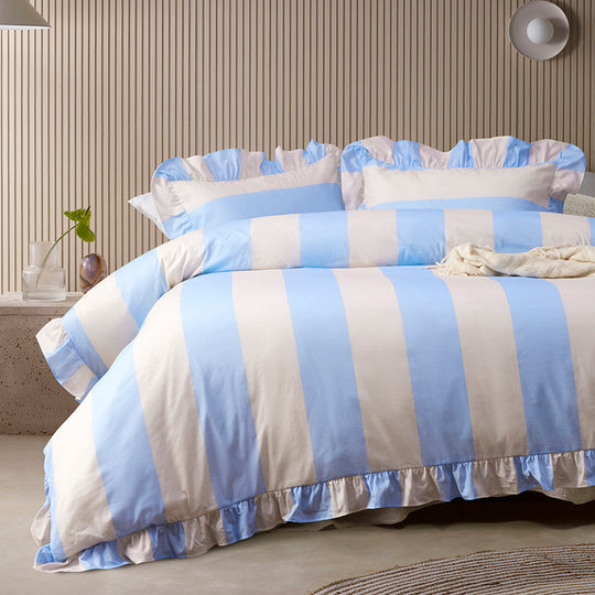 Vintage Design Candy Ruffle Blue Washed Cotton Quilt Cover Set Vintage Design