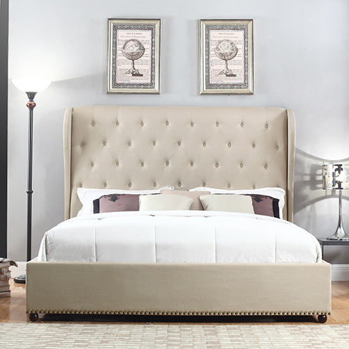 Paris Wing Upholstered Bed With Diamond Tufted Detailing - BEIGE Melbournians Furniture