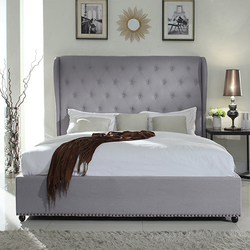 Paris Wing Upholstered Bed With Diamond Tufted Detailing - GREY Melbournians Furniture