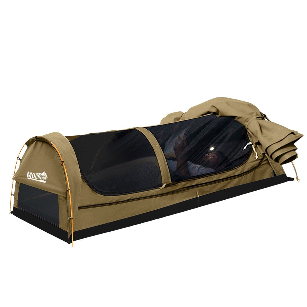 Double Swag Camping Swags Canvas Dome Tent Hiking Mattress Khaki Mountview
