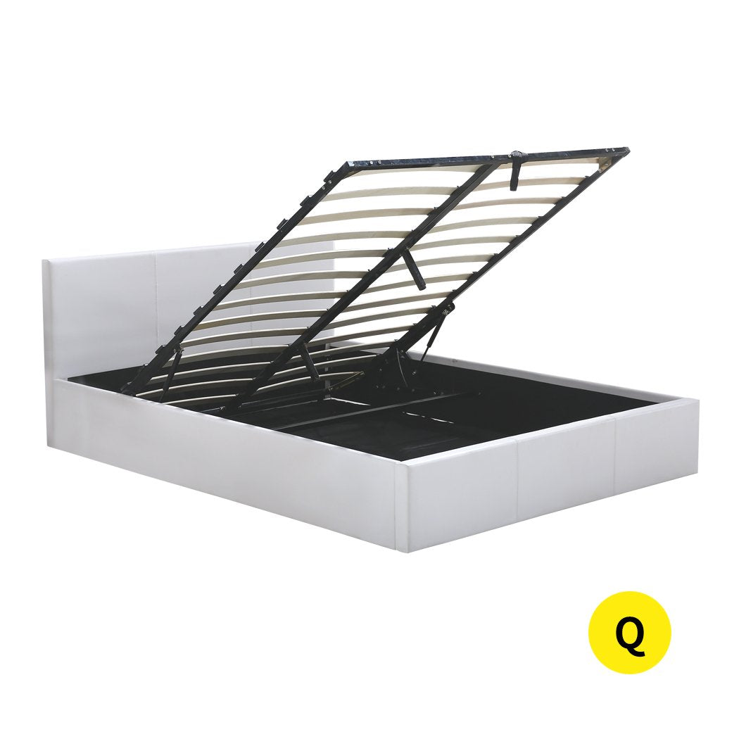 Gas Lift Bed Frame Premium Leather Base Mattress Storage Queen Size White Levede