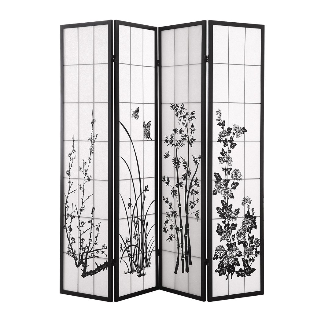 4 Panel Room Divider Screen Door Stand Privacy Fringe Wood Fold Blossom Levede