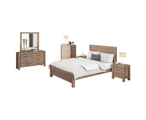 Five Pieces Bedroom Suite in Solid Wood Veneered Acacia Construction - Oak Colour Bed, Bedside Table , Tallboy & Dresser - 3 Sizes Melbournians Furniture