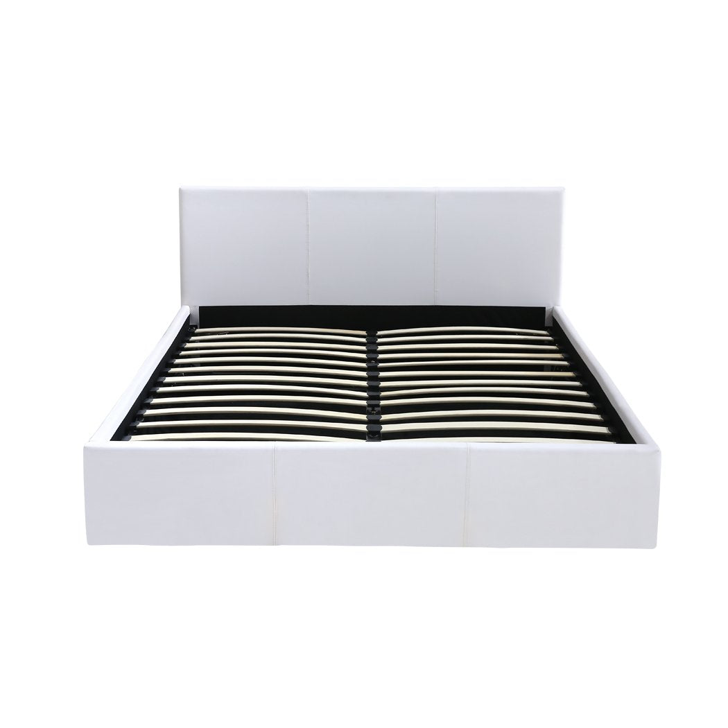 Gas Lift Bed Frame Premium Leather Base Mattress Storage Queen Size White Levede