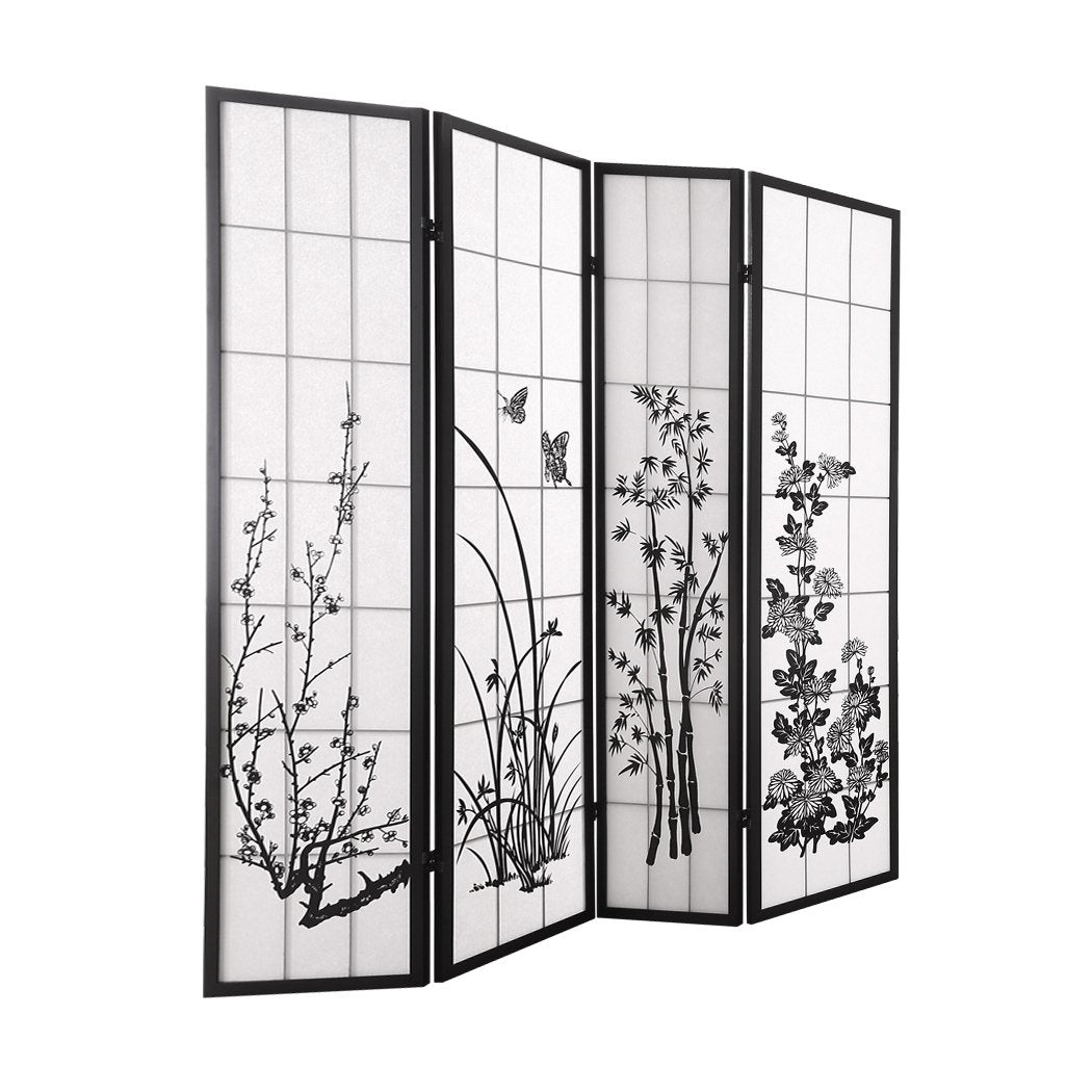 4 Panel Room Divider Screen Door Stand Privacy Fringe Wood Fold Blossom Levede