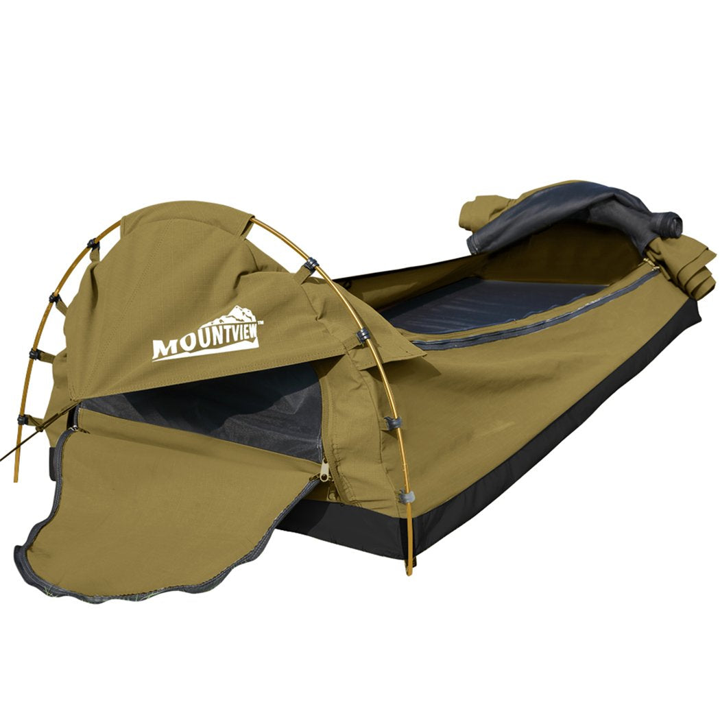 Double Swag Camping Swags Canvas Dome Tent Hiking Mattress Khaki Mountview