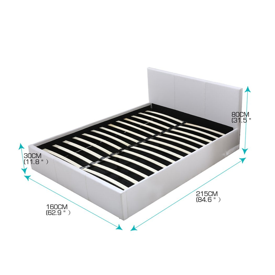 Gas Lift Bed Frame Premium Leather Base Mattress Storage Queen Size White Levede