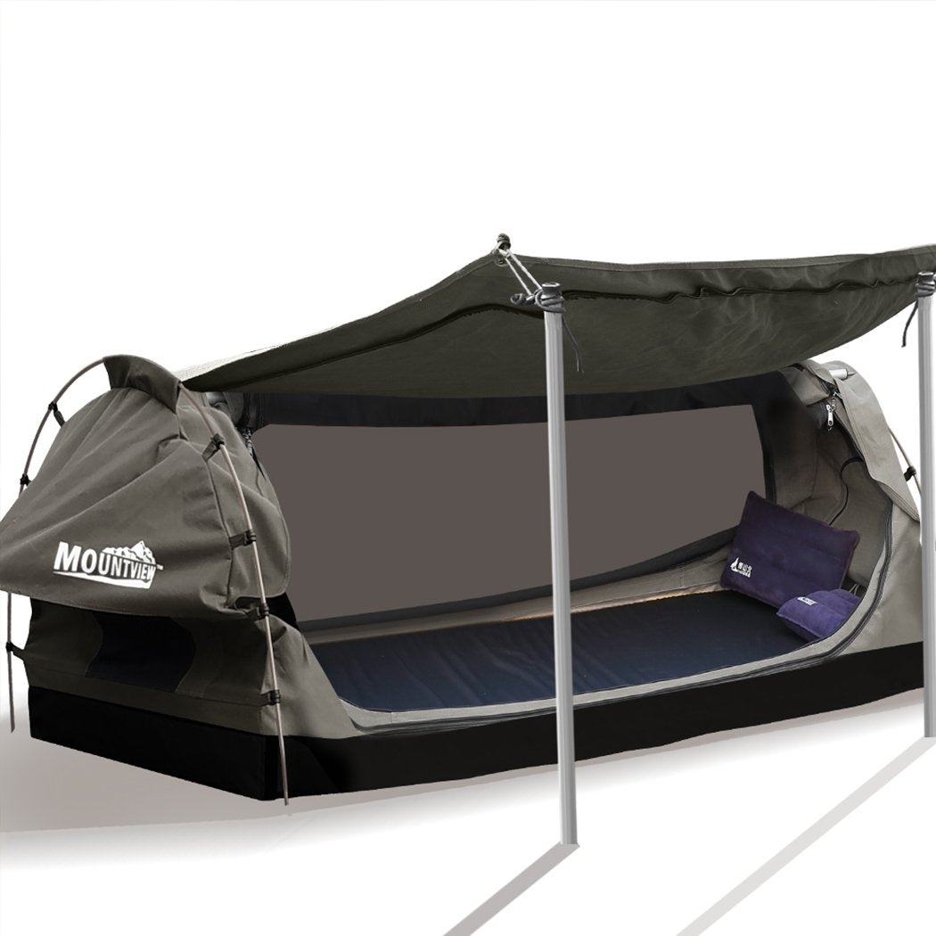 King Single Swag Camping Swags Canvas Dome Tent Free Standing Grey Mountview