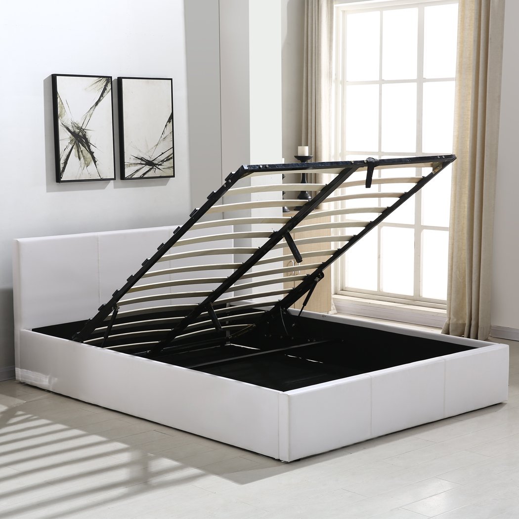 Gas Lift Bed Frame Premium Leather Base Mattress Storage Queen Size White Levede