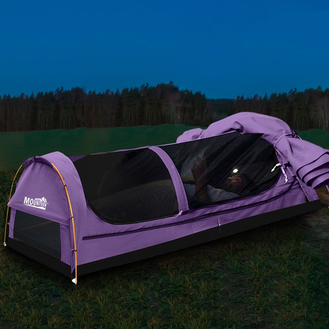 Double Swag Camping Swags Canvas Dome Tent Hiking Mattress Purple Mountview