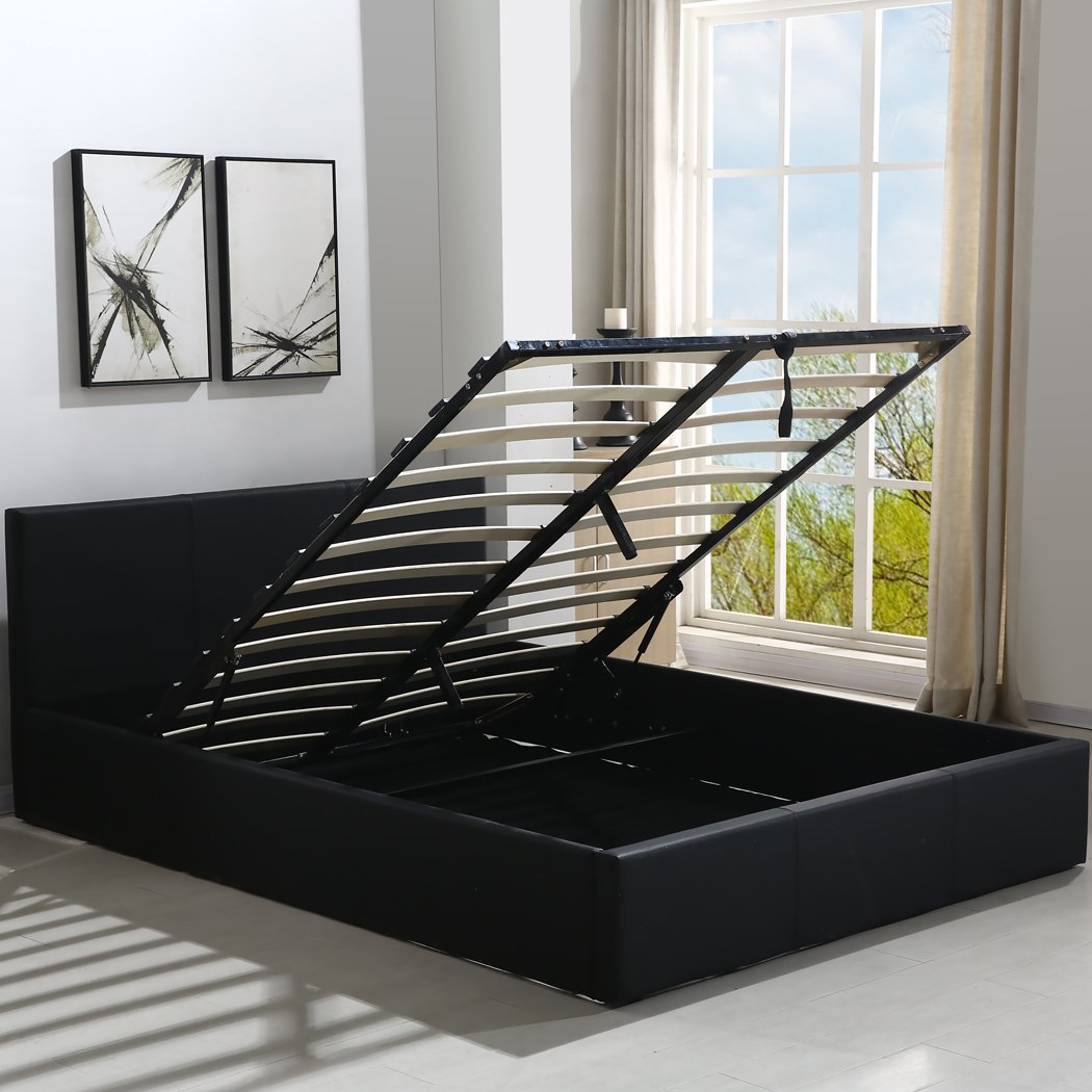 Bed Frame Gas Lift Premium Leather Base Mattress Storage Queen Size Black Levede