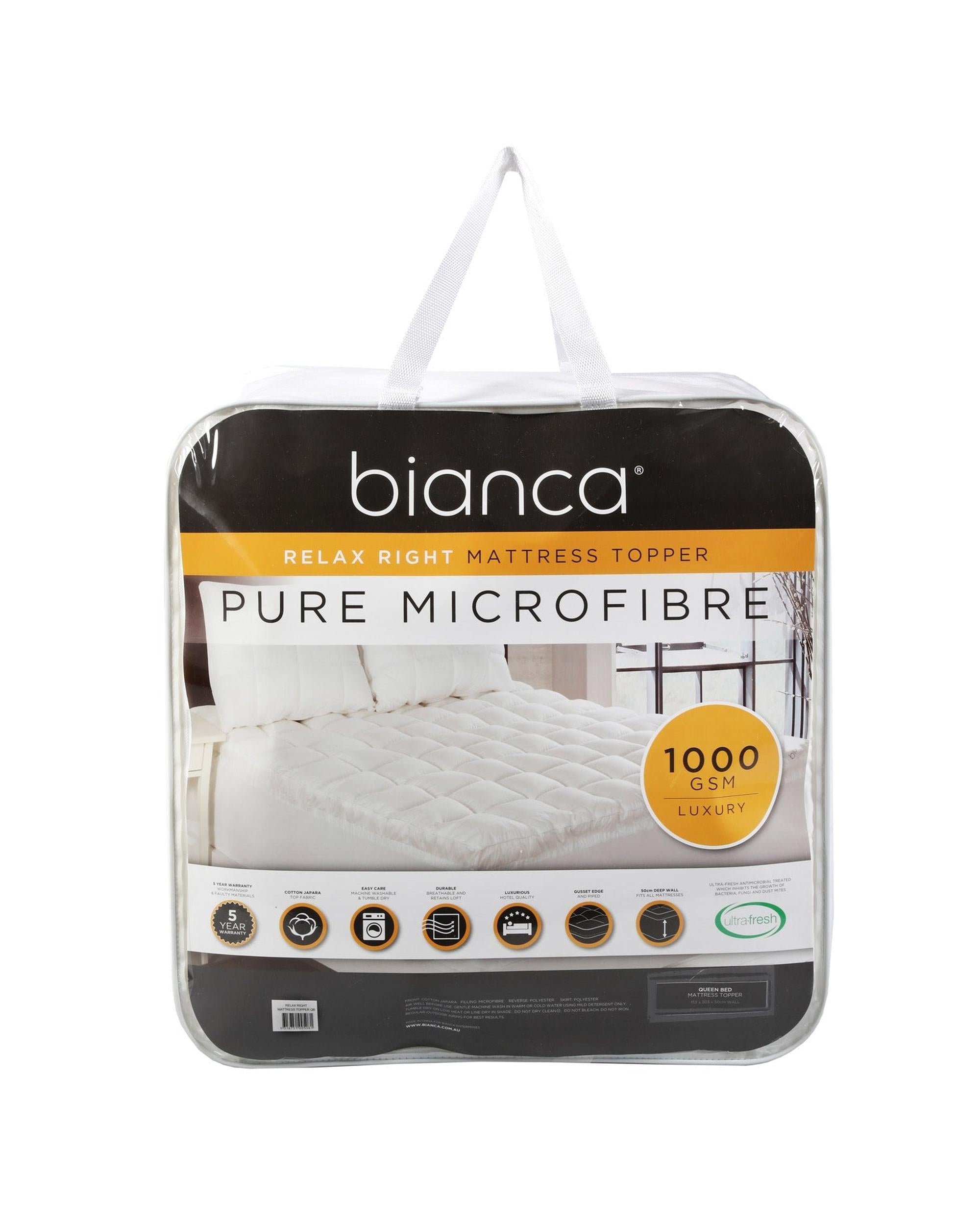 Bianca Bedding RELAX RIGHT PURE MICROFIBRE MATTRESS TOPPER 1000GSM Bianca Bedding