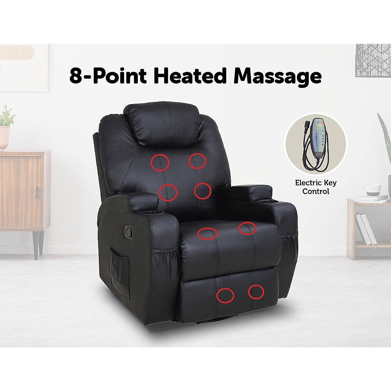 Black Massage Sofa Chair Recliner 360 Degree Swivel PU Leather Lounge 8 Point Heated Big Bedding Australia