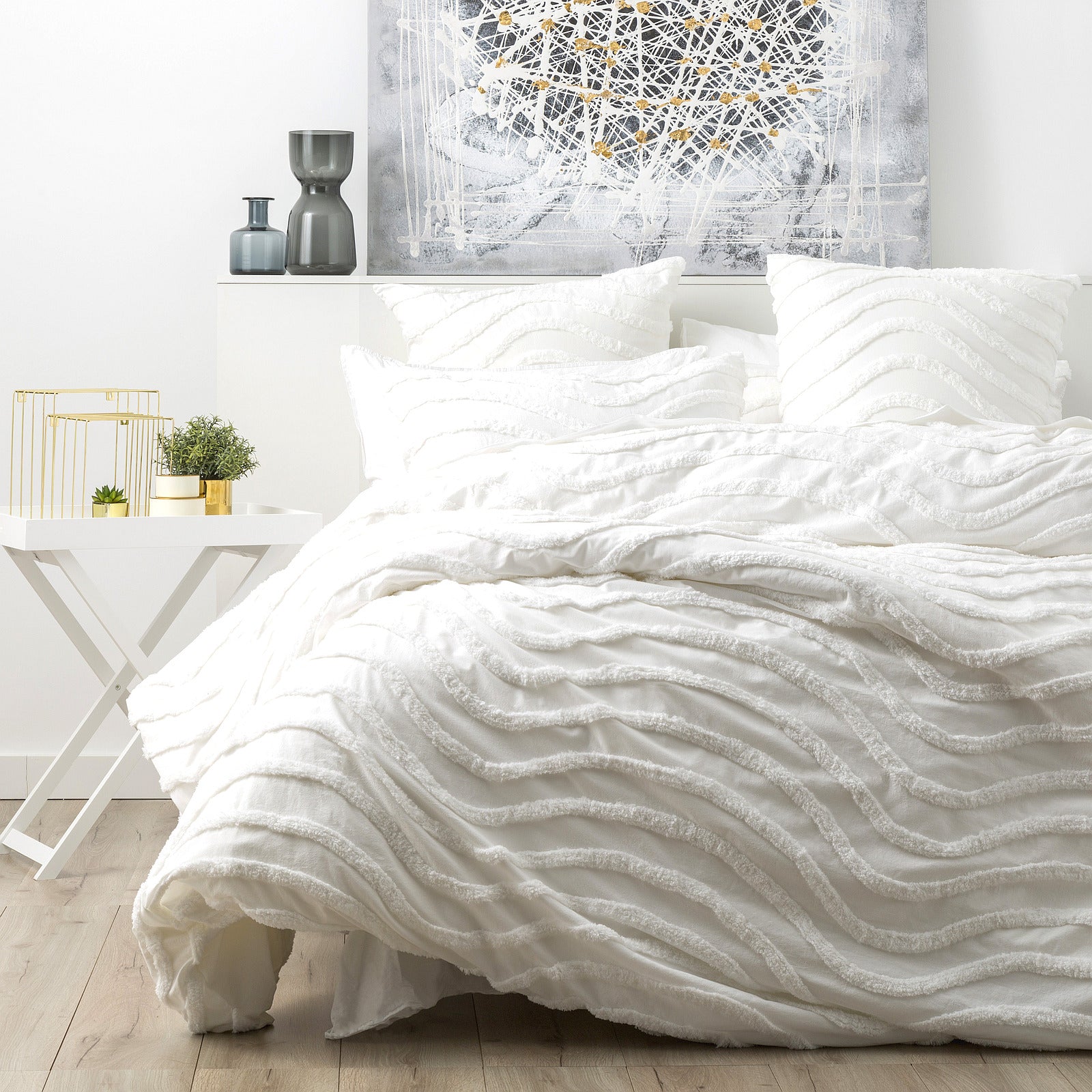 Cloud Linen Wave 100% Cotton Chenille Vintage washed tufted Quilt Cover Set - White Cloud Linen