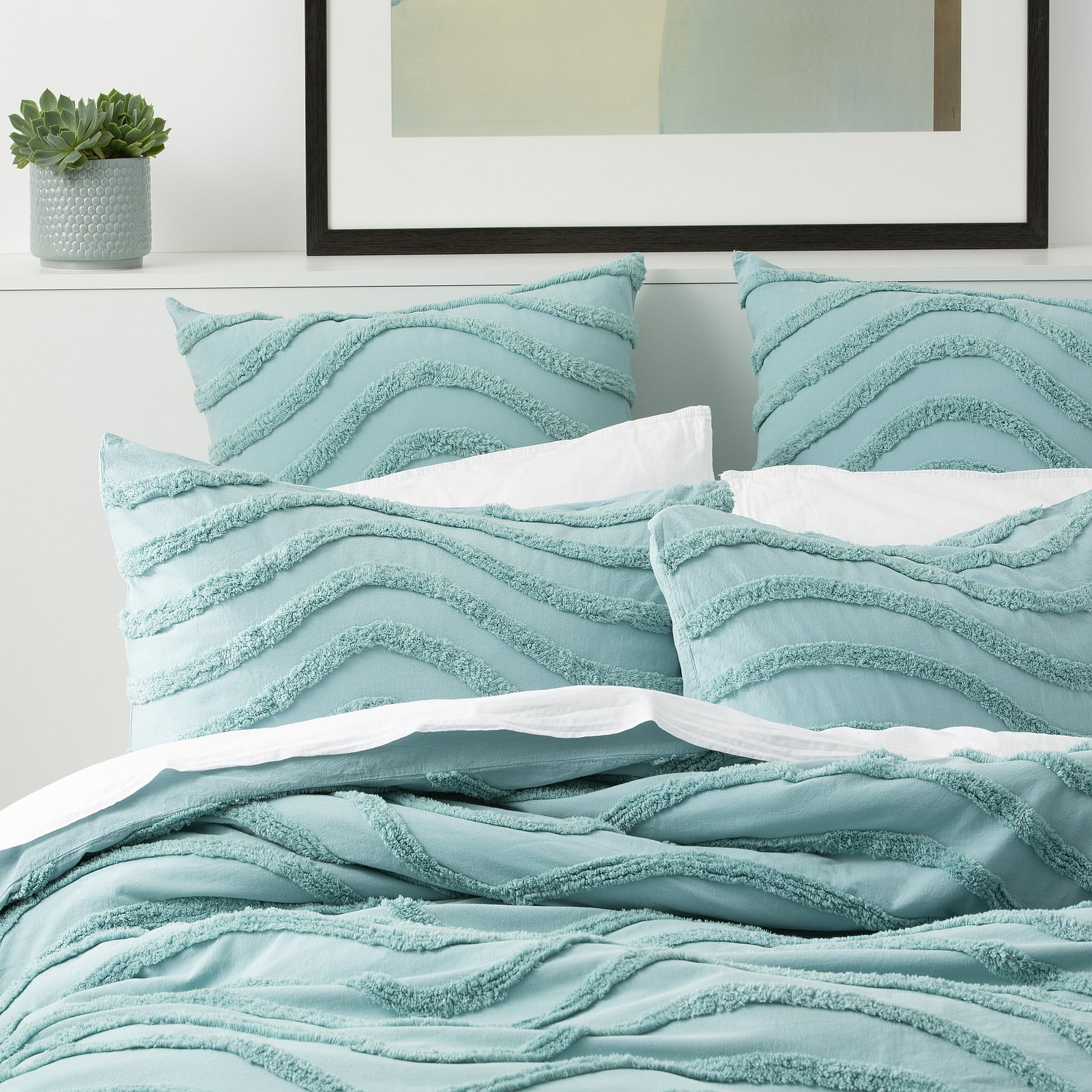 Cloud Linen Wave 100% Cotton Chenille Vintage washed tufted Quilt Cover Set -Aqua Cloud Linen