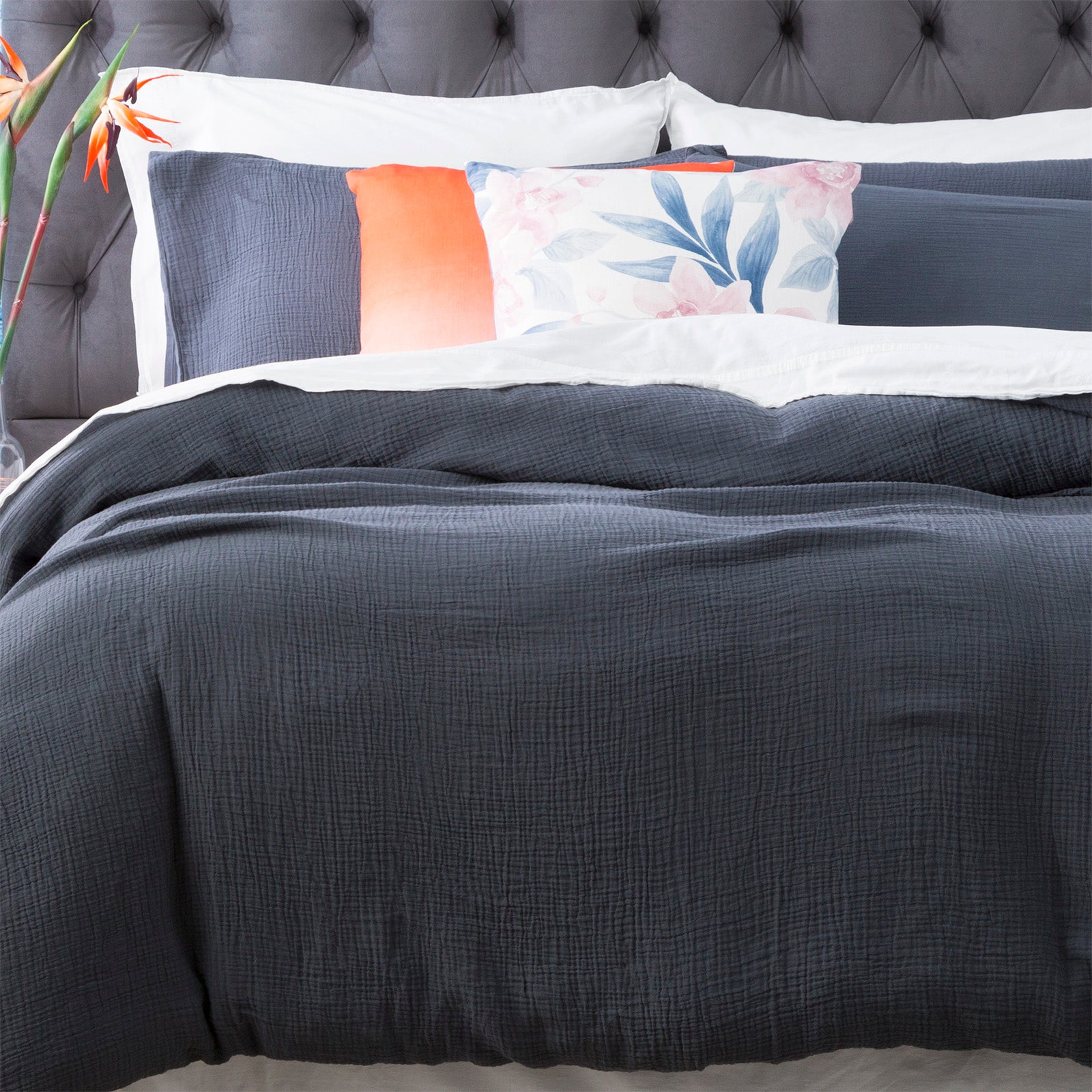 Renee Taylor  Solana Washed Cotton Textured Quilt Cover Set - Blue Renee Taylor