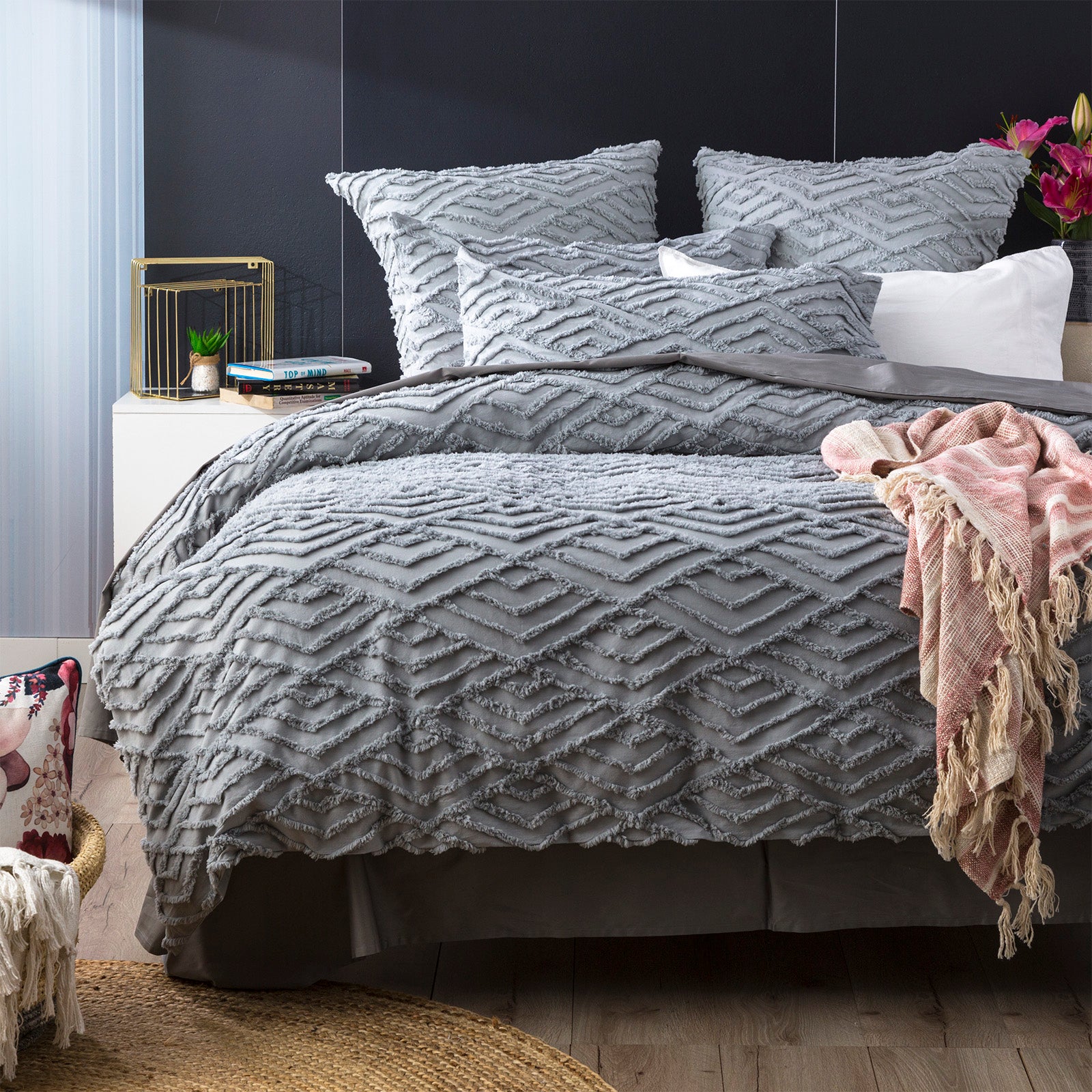 Revive Living Chevvy 100% Cotton Chenille Vintage Washed Tufted Quilt Cover Set - Silver Revive Living