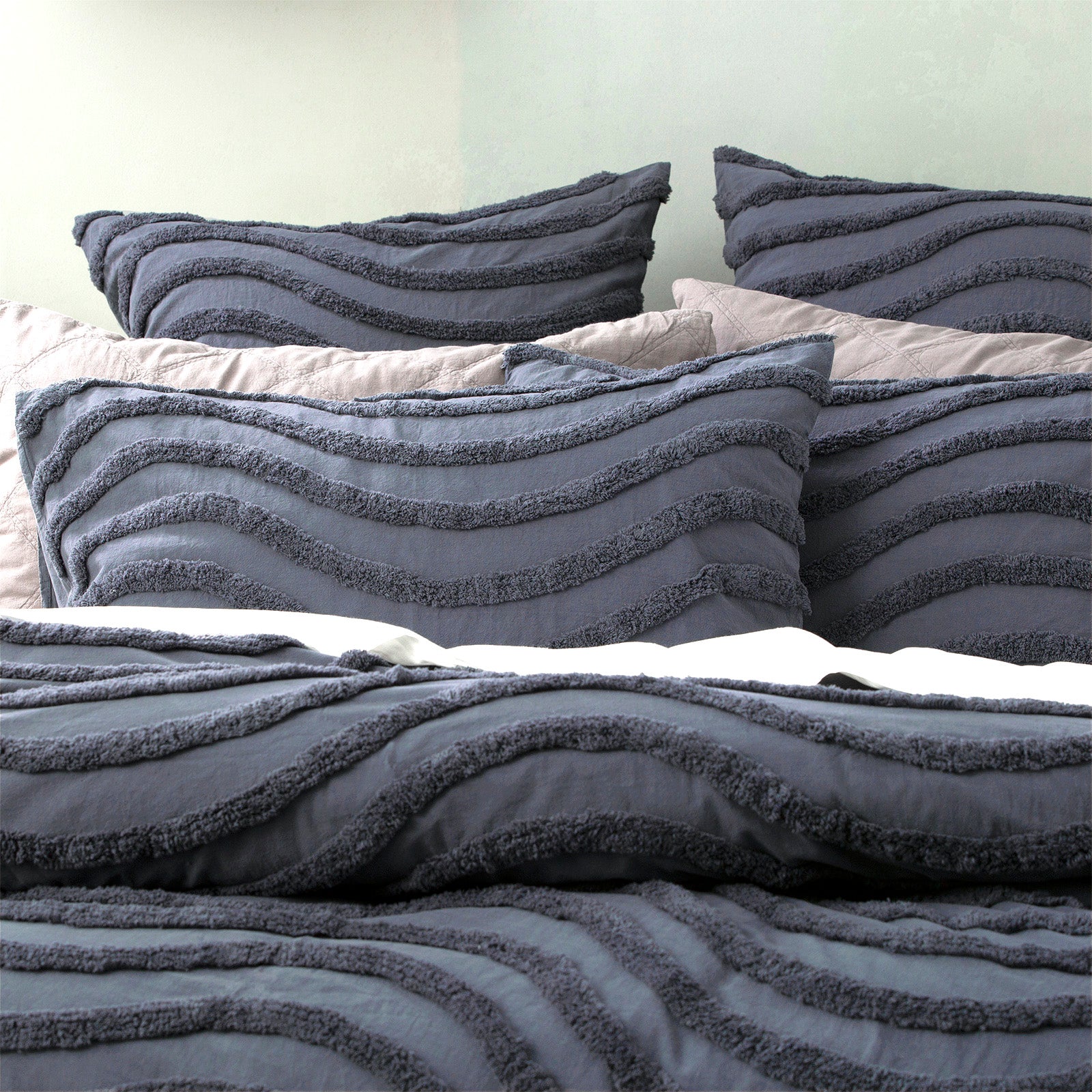 Cloud Linen Wave 100% Cotton Chenille Vintage washed tufted Quilt cover Set - bLUE Cloud Linen