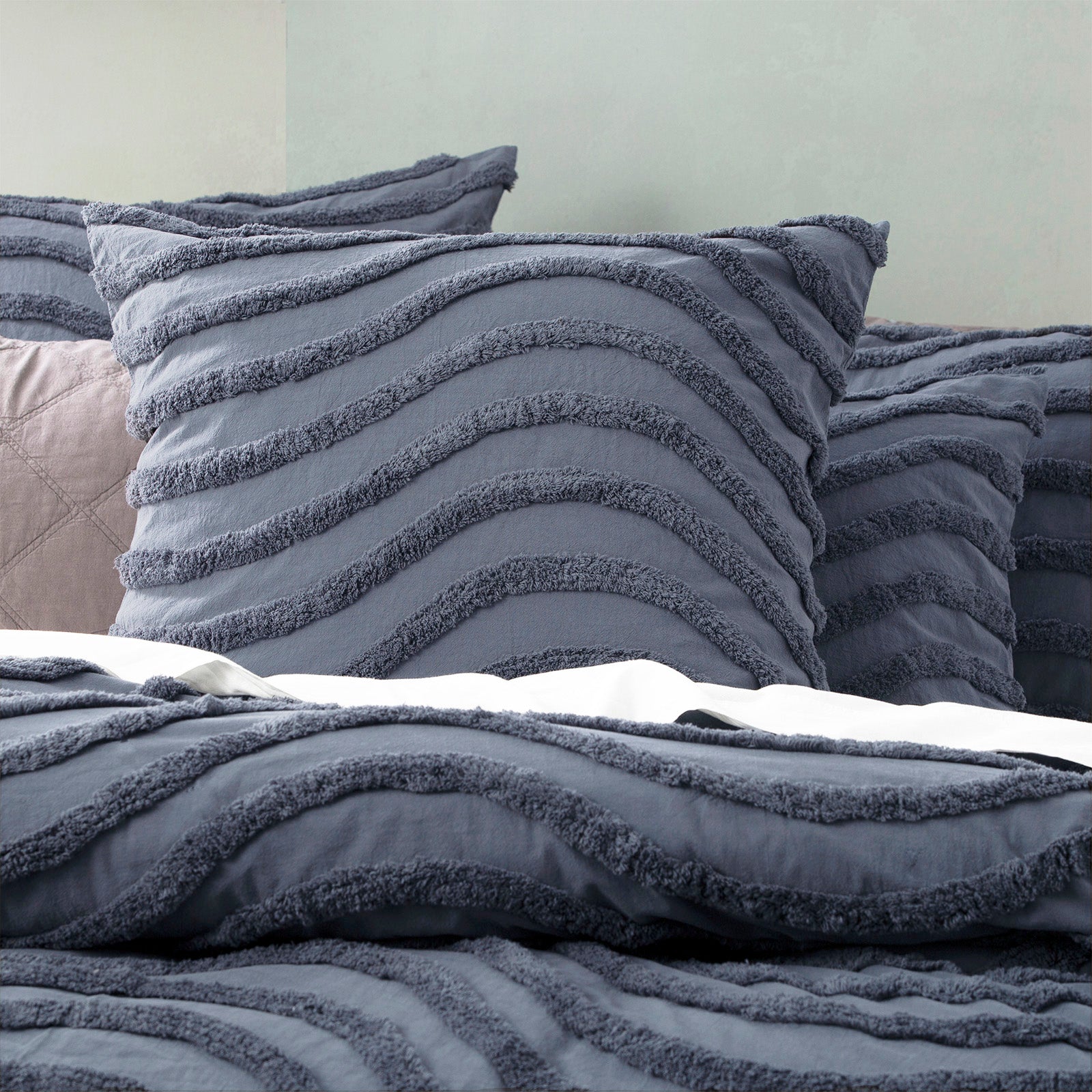 Cloud Linen Wave 100% Cotton Chenille Vintage washed tufted Quilt cover Set - bLUE Cloud Linen