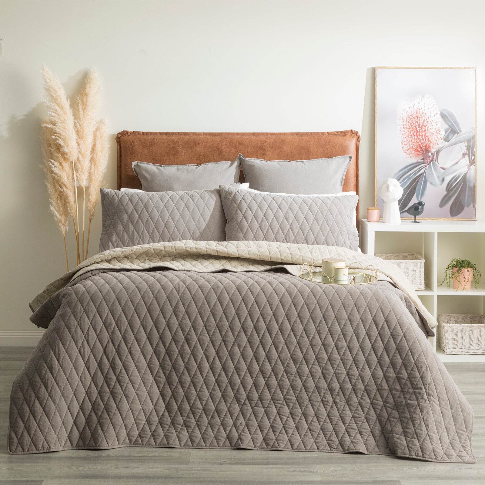 Renee Taylor Diamante Vintage Stone Washed Cotton Reversible Quilted Coverlet Set - Charcoal Renee Taylor