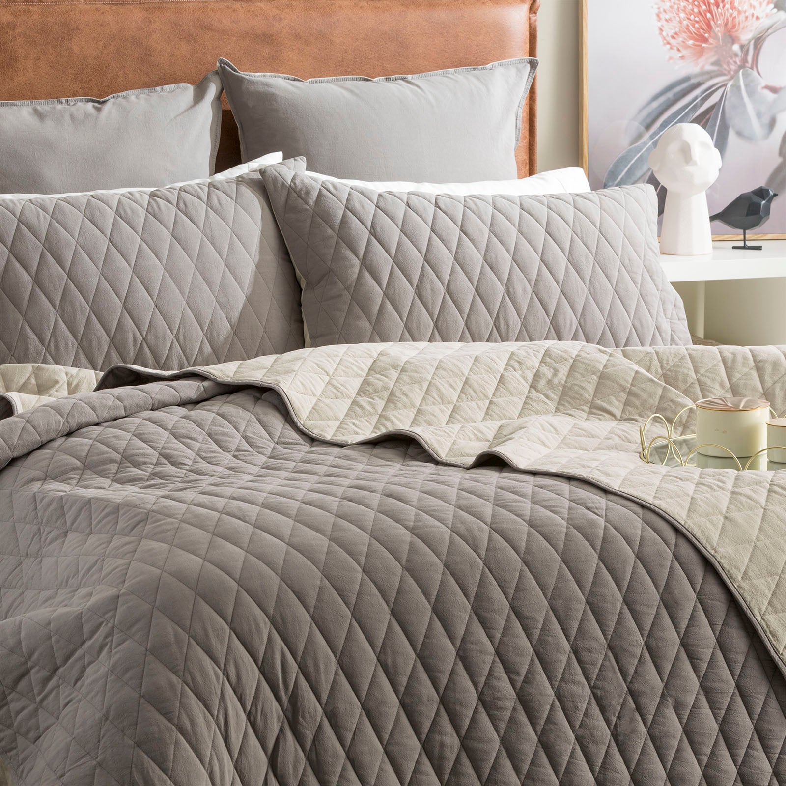 Renee Taylor Diamante Vintage Stone Washed Cotton Reversible Quilted Coverlet Set - Charcoal Renee Taylor
