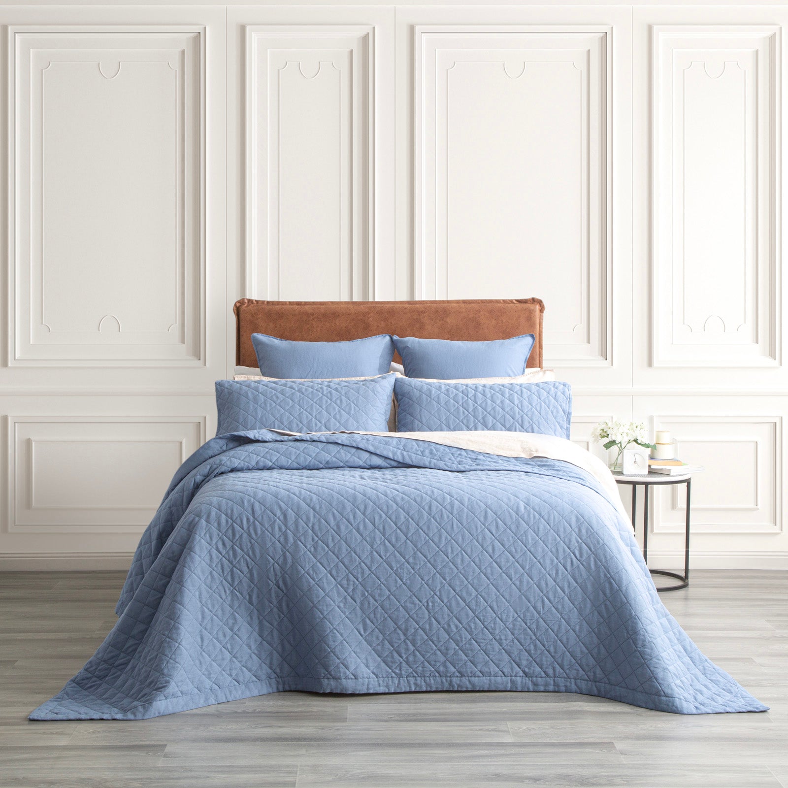 Renee Taylor Cavallo Stone washed French Linen Quilted Bed Coverlet Set - Denim Renee Taylor