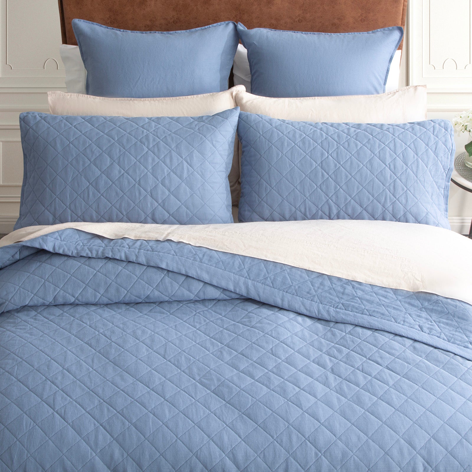 Renee Taylor Cavallo Stone washed French Linen Quilted Bed Coverlet Set - Denim Renee Taylor