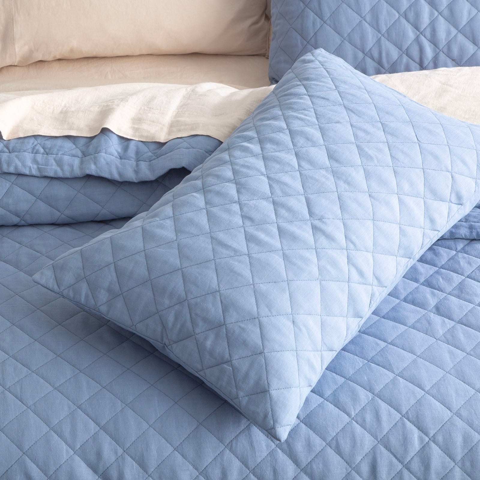 Renee Taylor Cavallo Stone washed French Linen Quilted Bed Coverlet Set - Denim Renee Taylor