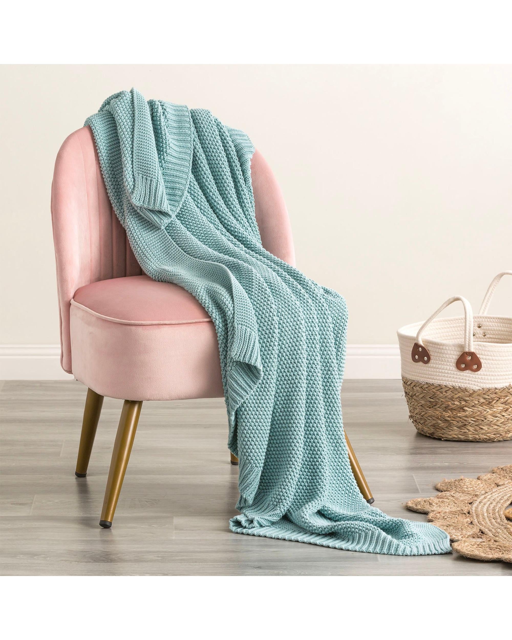 Renee Taylor Moss Seed Stitch 100% Cotton Knitted Throw 130 x 170 Cms French Blue Renee Taylor