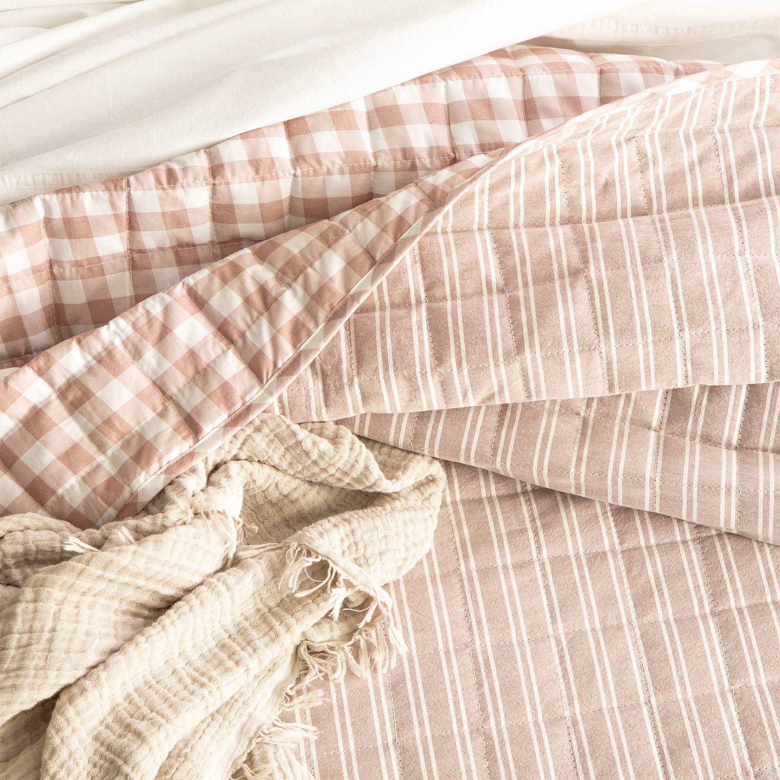 Renee Taylor Alison Yarn Dyed Cotton Reversible Quilted Coverlet Set - Clay Renee Taylor