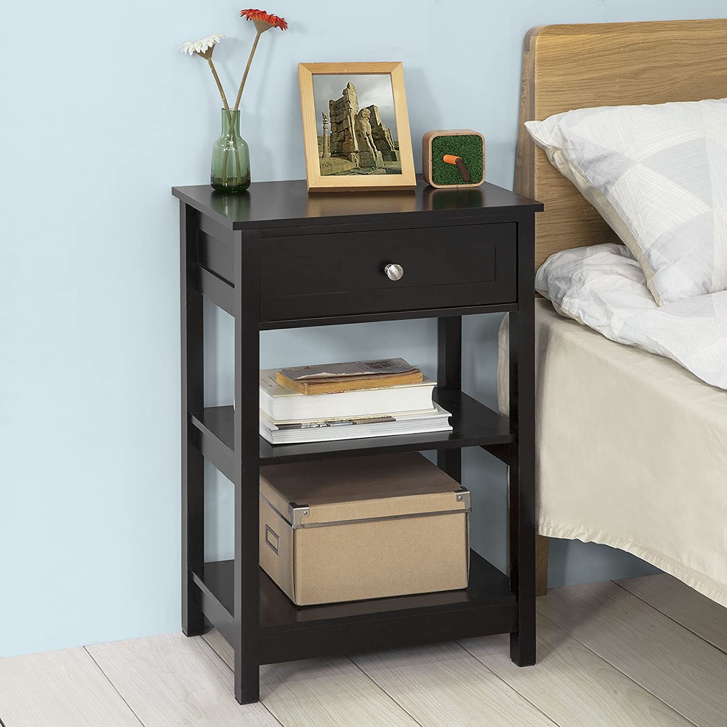 Black Bedside Table with 1 Drawer and 2 Shelves Big Bedding Australia