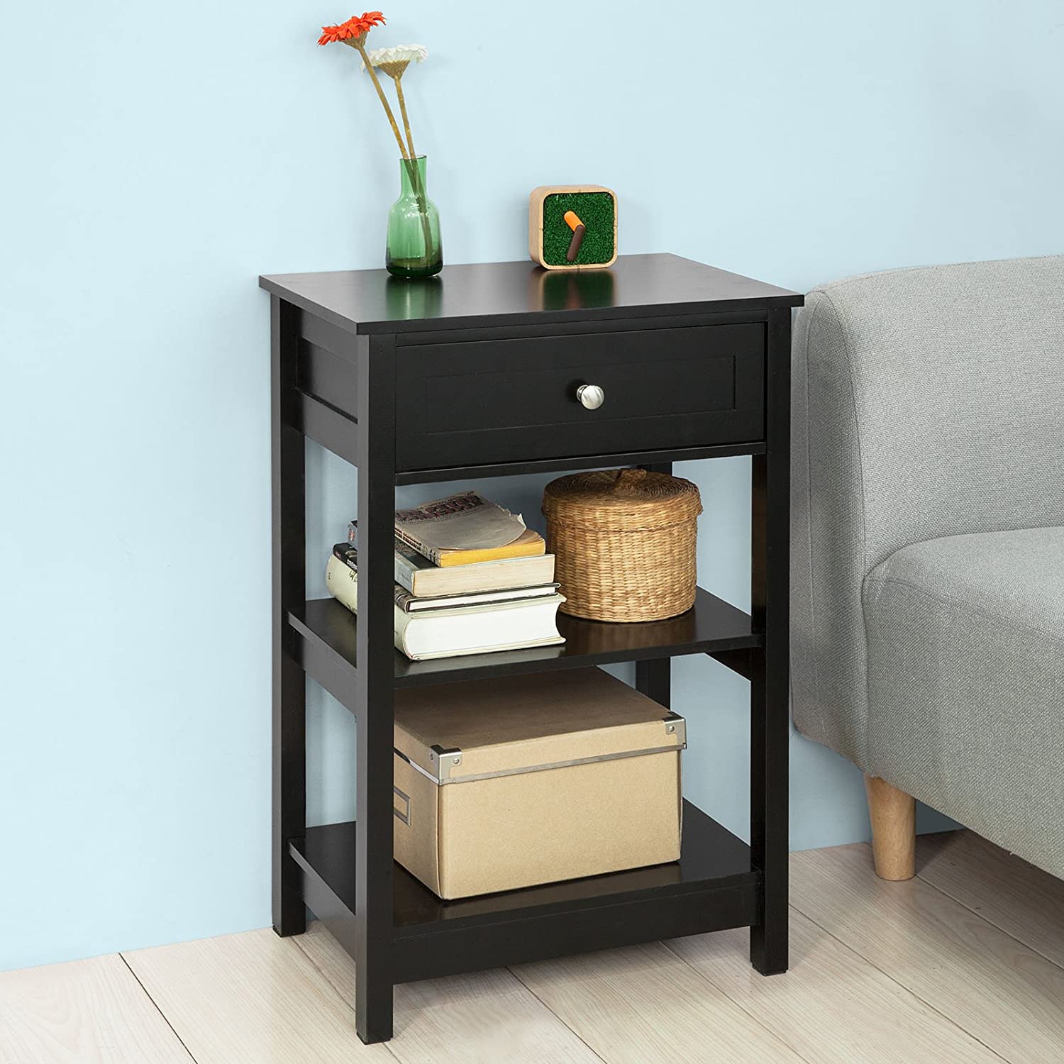 Black Bedside Table with 1 Drawer and 2 Shelves Big Bedding Australia